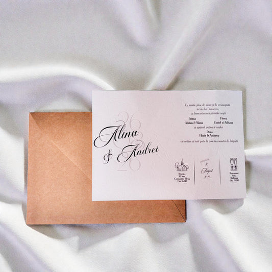 Invitație nuntă elegantă minimalistă cu plic kraft