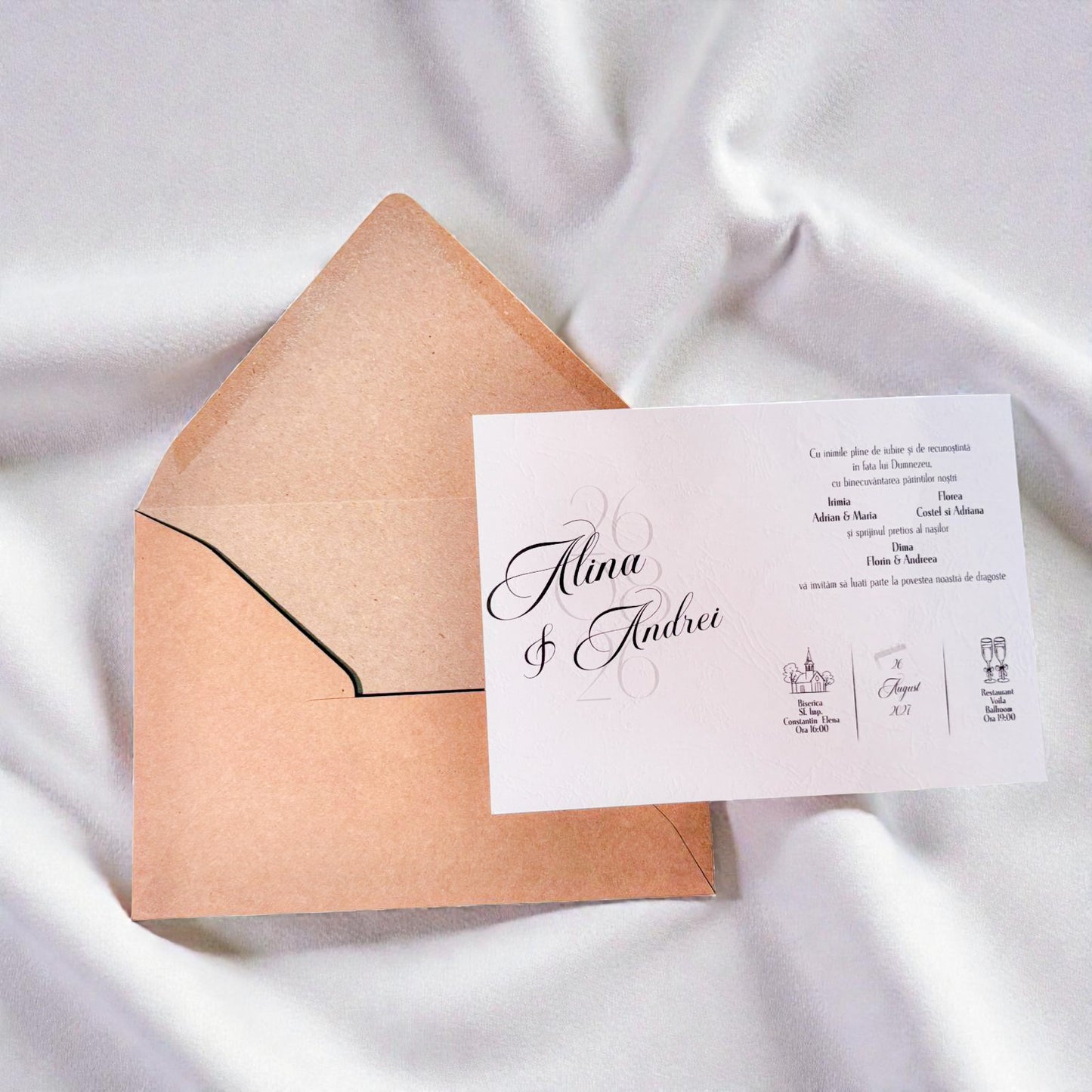 Invitație nuntă elegantă minimalistă cu plic kraft