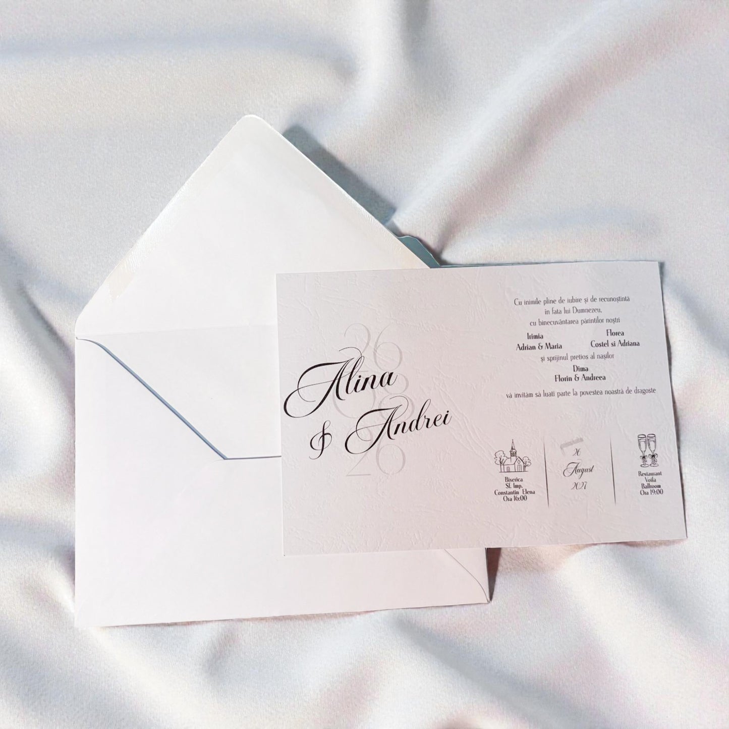 Invitație nuntă elegantă minimalistă albă cu plic