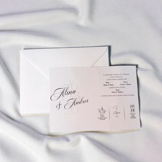 Invitație nuntă elegantă minimalistă albă cu plic
