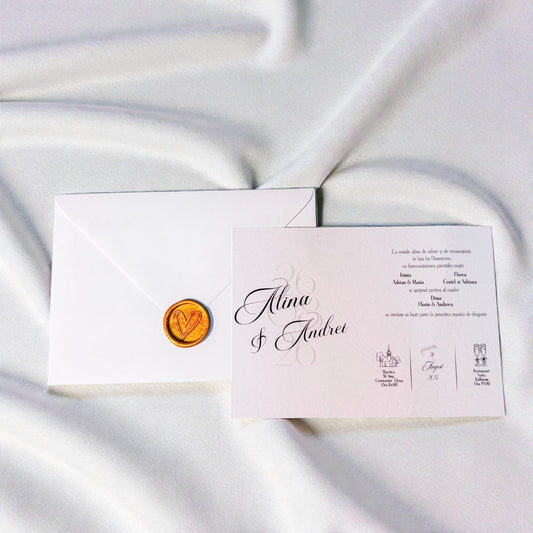 Invitație nuntă elegantă minimalistă cu plic și sigiliu din ceară
