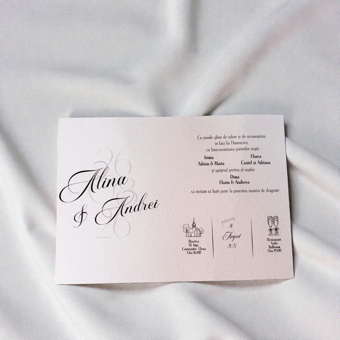 Invitație nuntă elegantă minimalistă albă cu plic