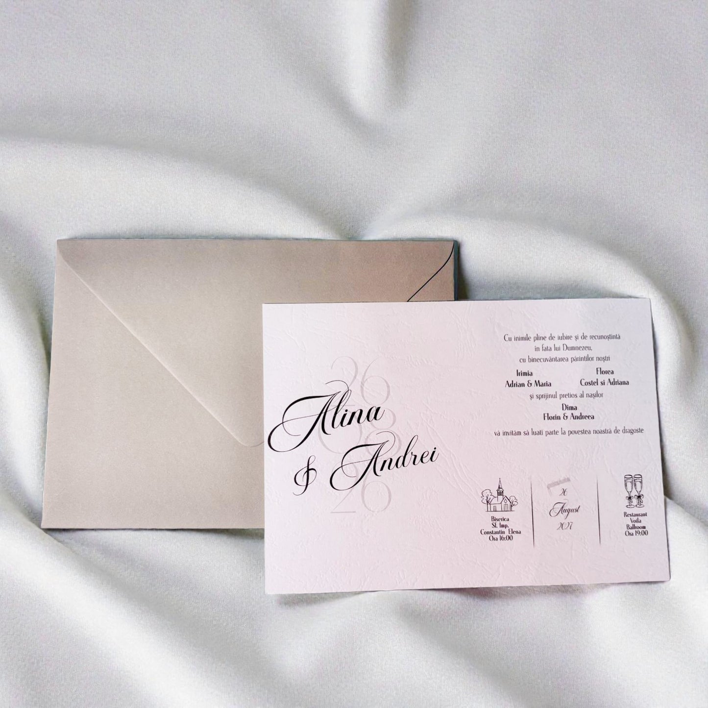 Invitație nuntă elegantă minimalistă cu plic ivory