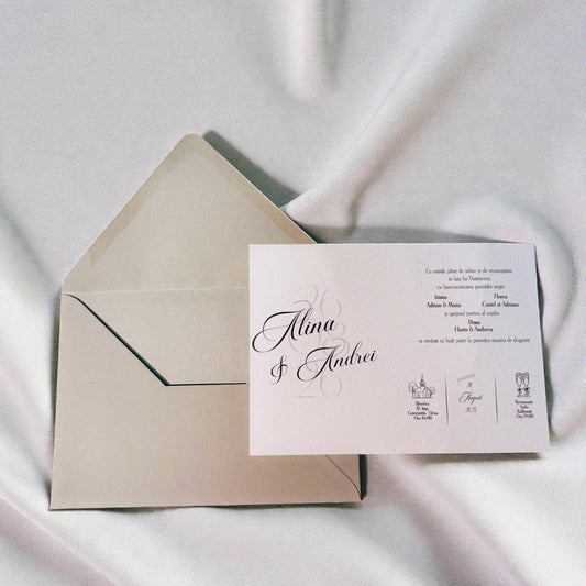 Invitație nuntă elegantă minimalistă cu plic ivory
