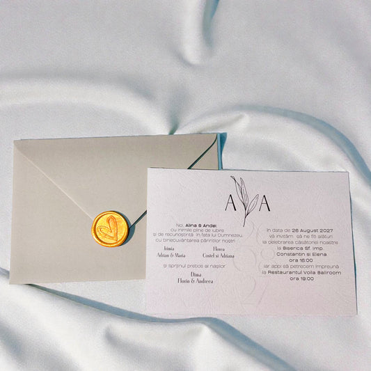 Invitație nuntă elegantă minimalistă cu plic ivory și sigiliu din ceară
