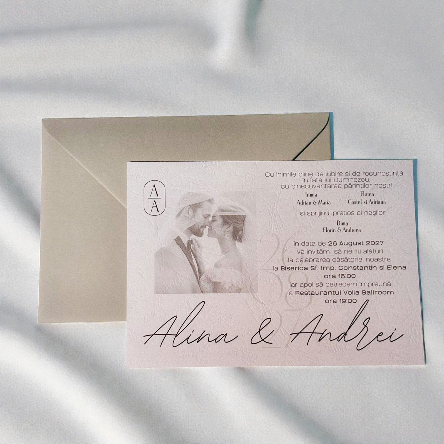 Invitație nuntă elegantă cu fotografie și plic ivory