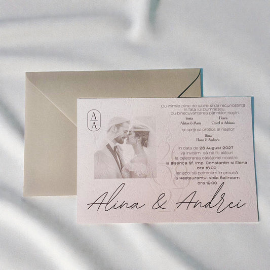 Invitație nuntă elegantă cu fotografie și plic ivory