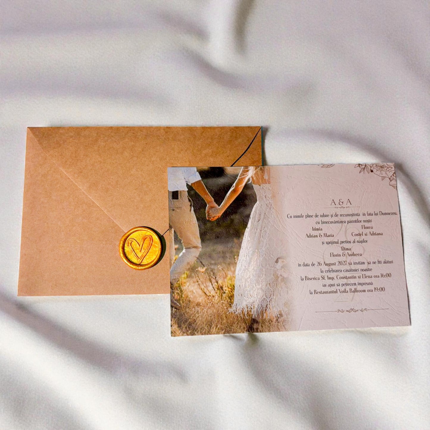 Invitație nuntă cu fotografie și sigiliu de ceară, plic kraft elegant