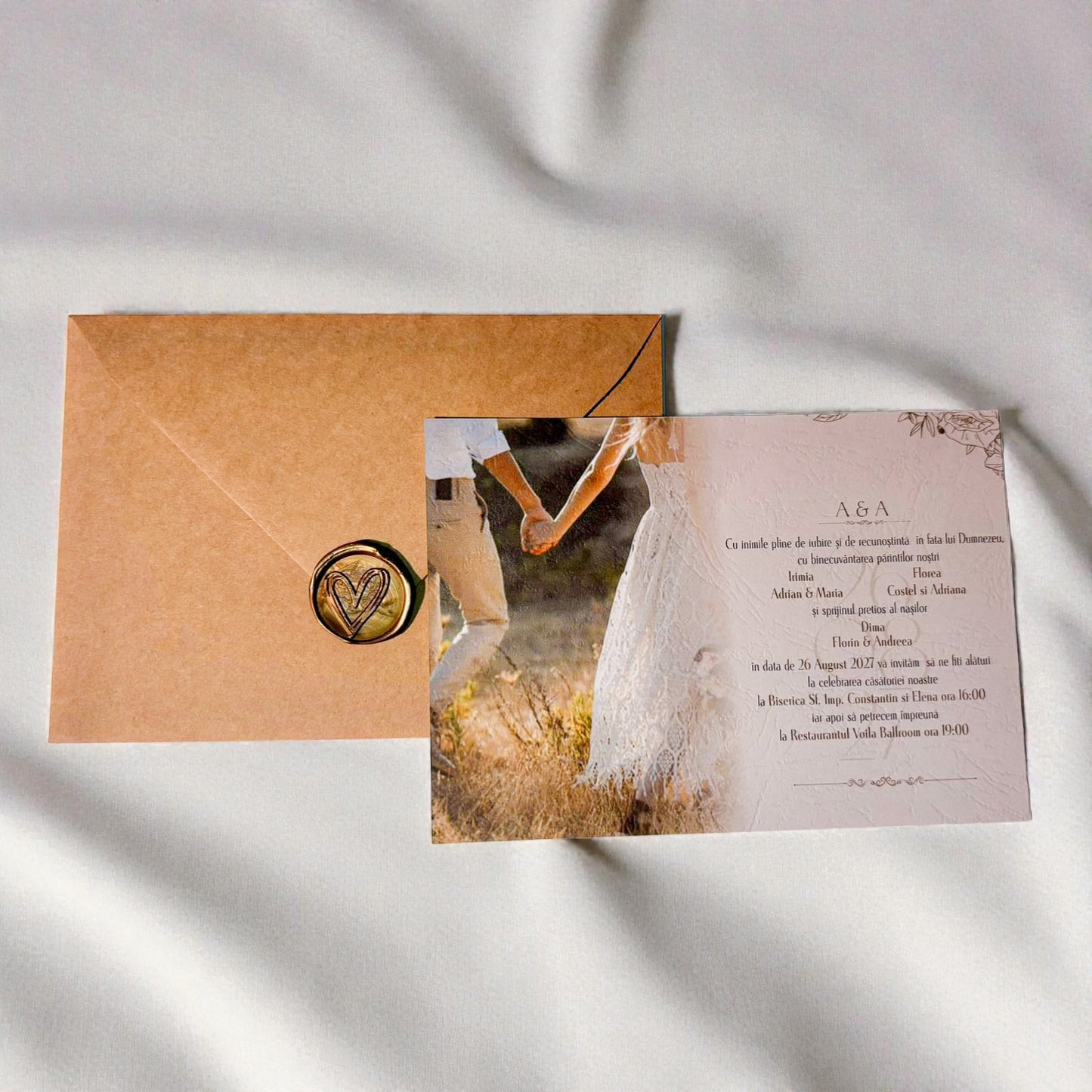Invitație nuntă cu fotografie și sigiliu de ceară, plic kraft elegant
