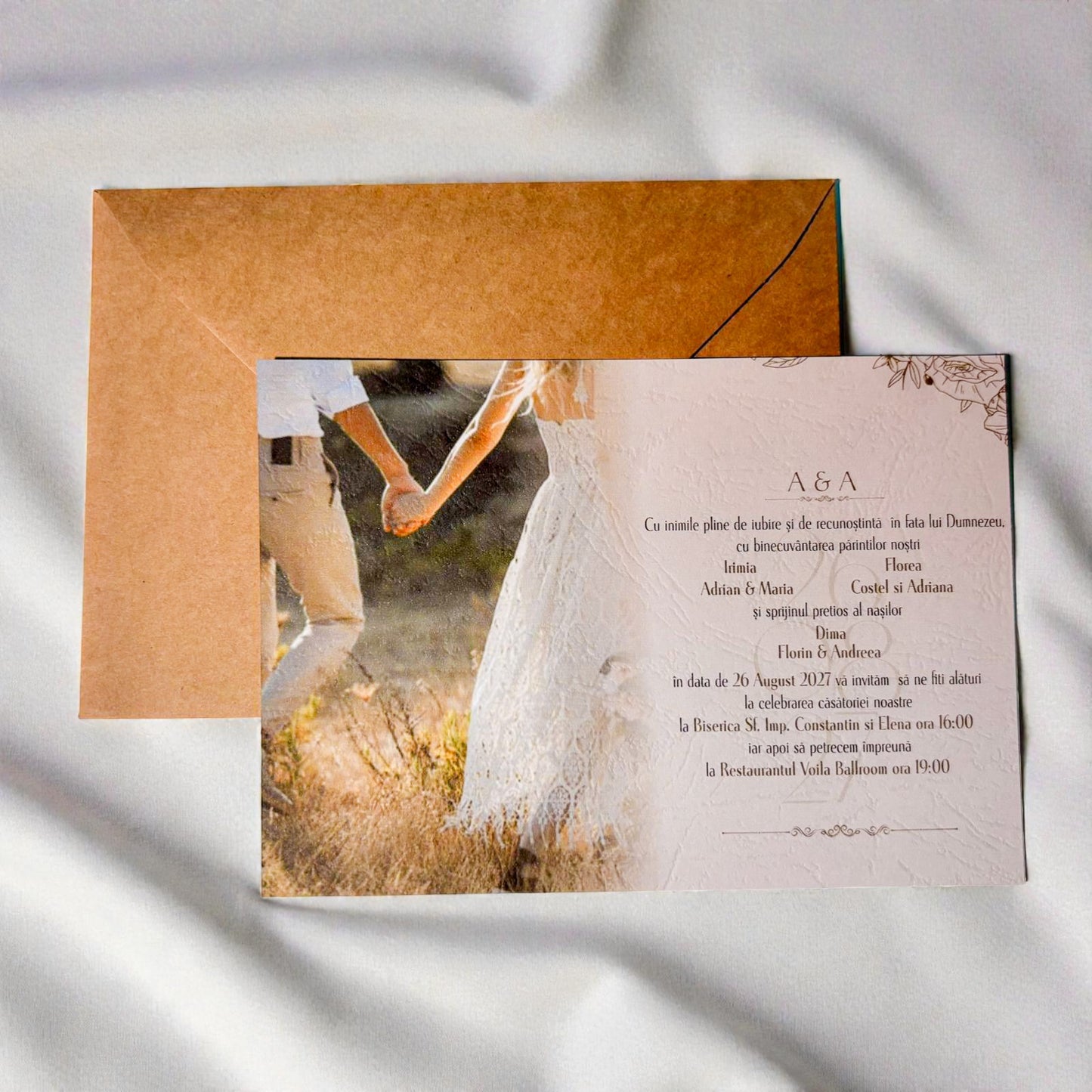 Invitație nuntă cu fotografie și plic kraft elegant