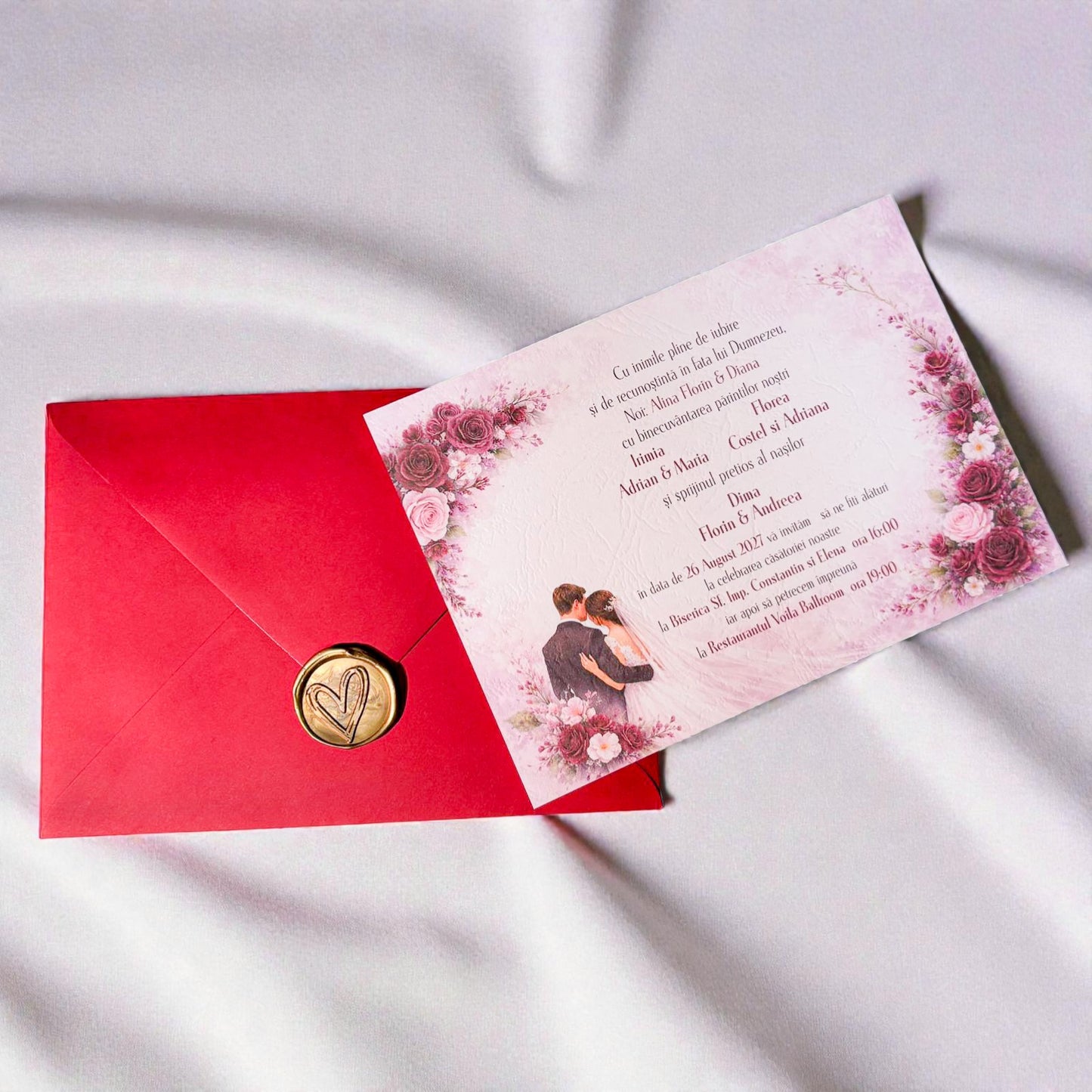 Invitație nuntă florală cu fotografie și sigiliu de ceară, plic colorat elegant