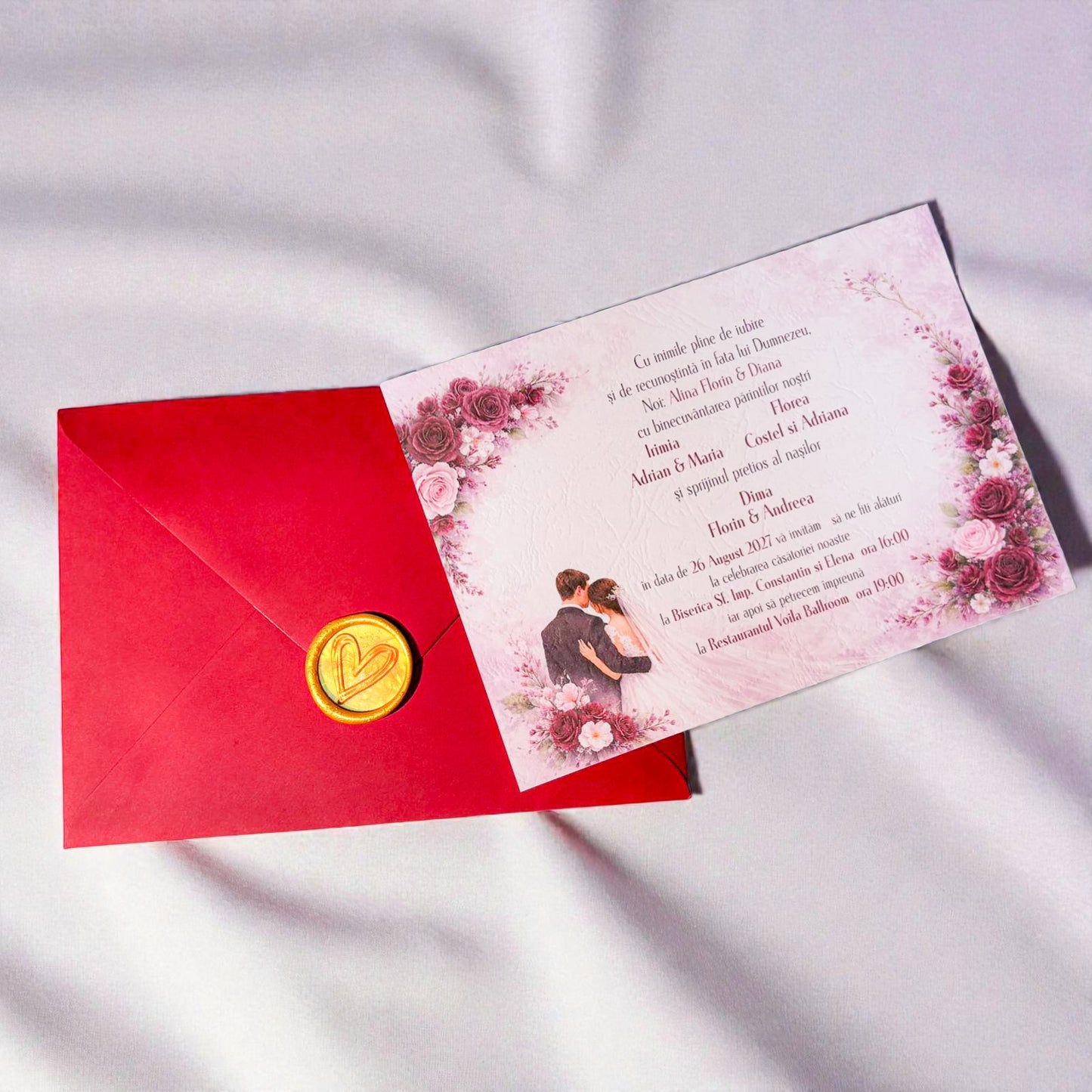 Invitație nuntă florală cu fotografie și sigiliu de ceară, plic colorat elegant