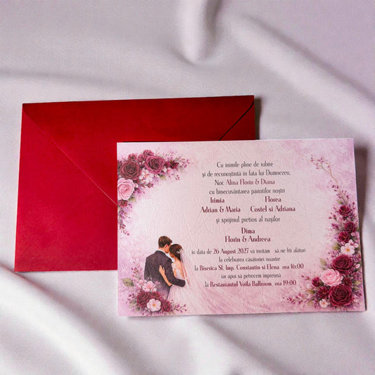 Invitație nuntă florală cu fotografie și sigiliu de ceară, plic colorat elegant
