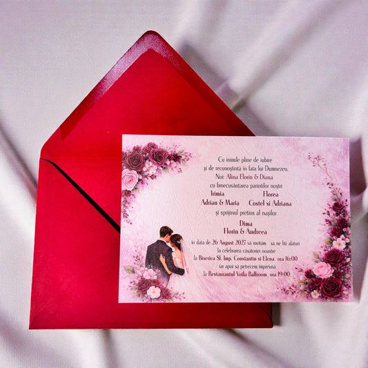 Invitație nuntă florală cu fotografie și plic colorat elegant