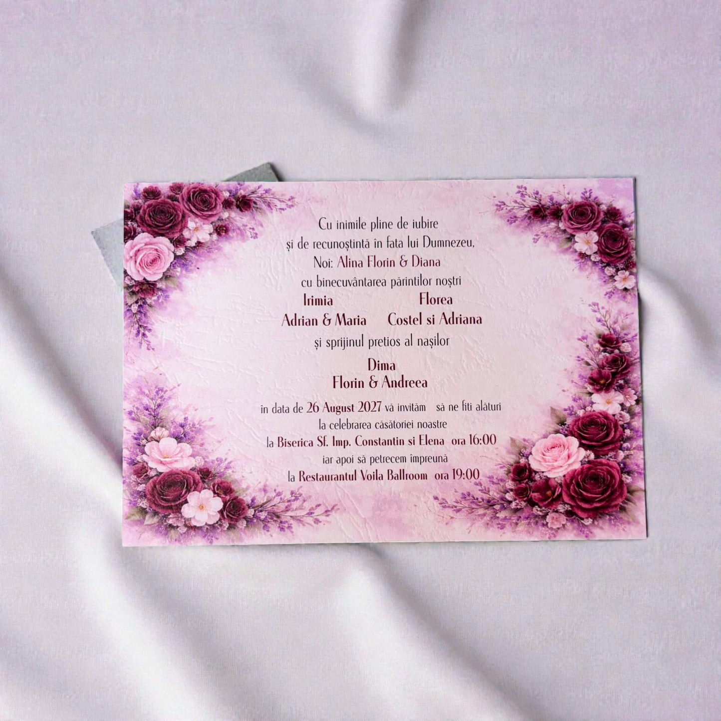 Invitație nuntă florală romantică cu plic roșu elegant