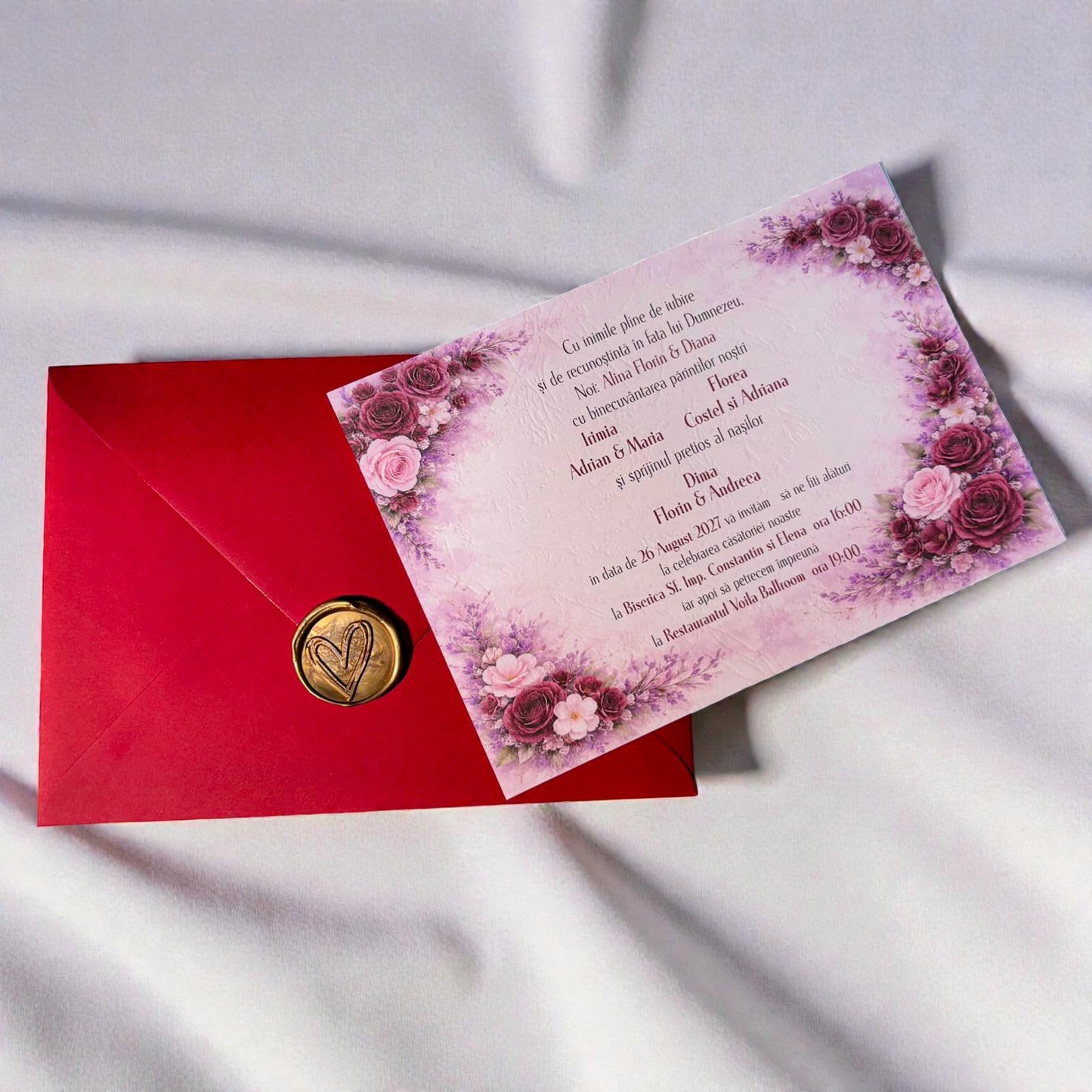 Invitație nuntă florală romantică cu sigiliu de ceară și plic roșu elegant