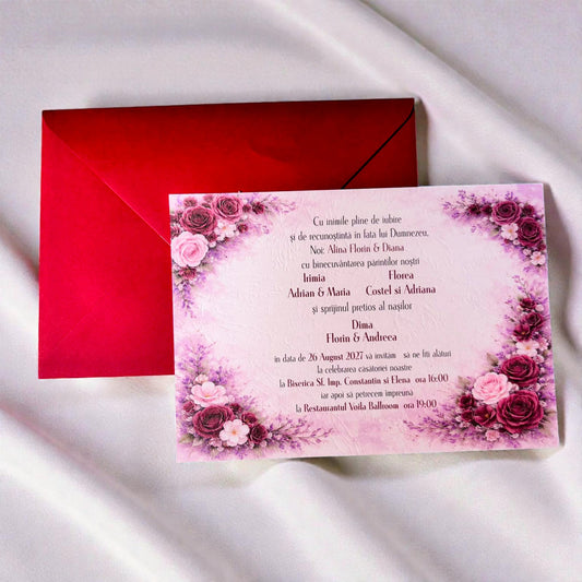 Invitație nuntă florală romantică cu plic roșu elegant