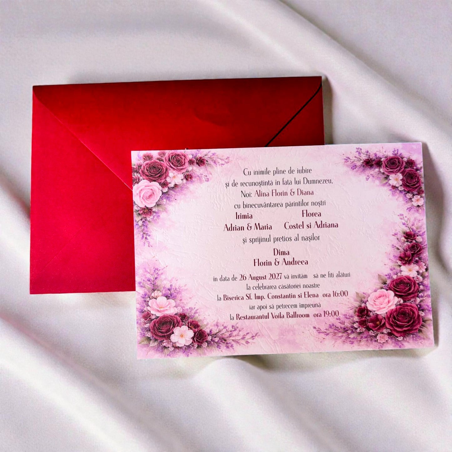 Invitație nuntă florală romantică cu sigiliu de ceară și plic roșu elegant