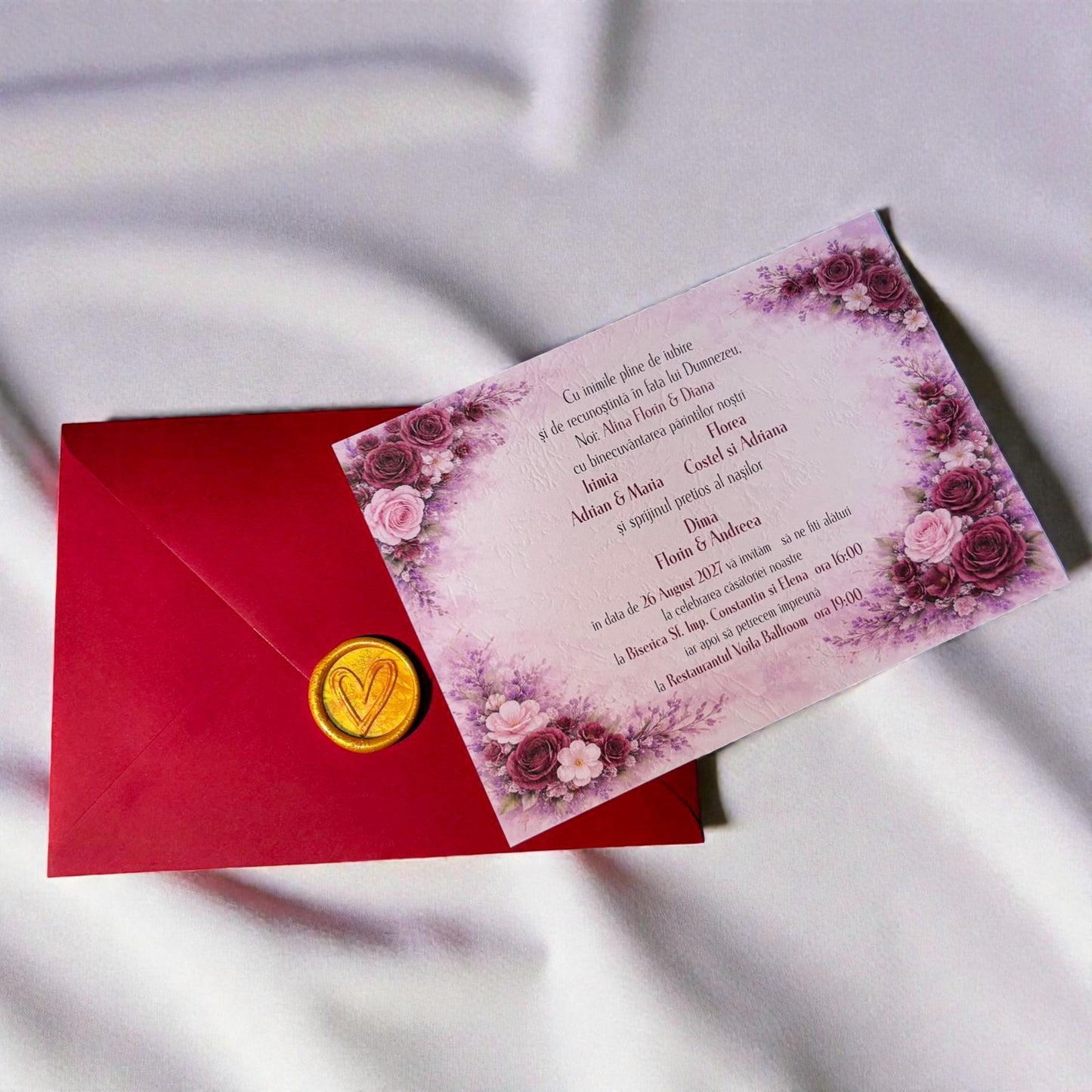 Invitație nuntă florală romantică cu sigiliu de ceară și plic roșu elegant