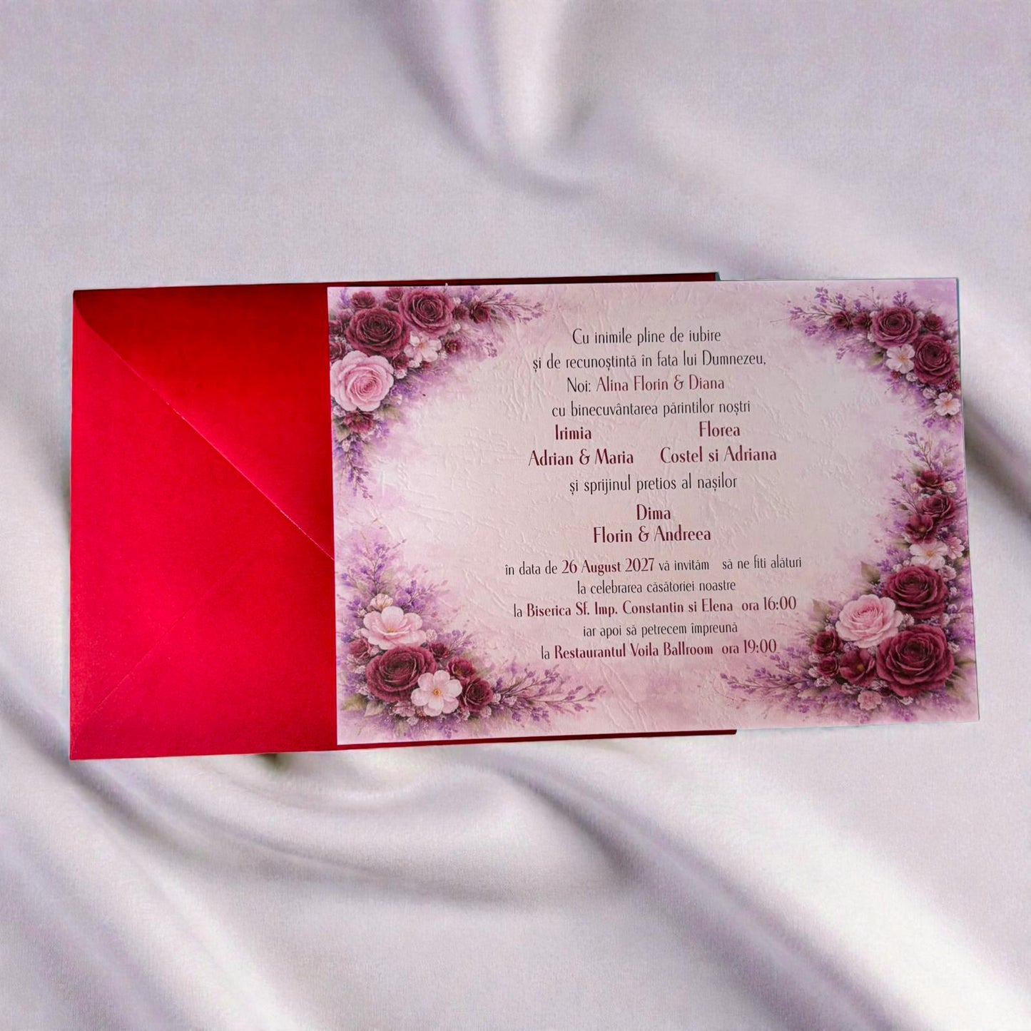 Invitație nuntă florală romantică cu sigiliu de ceară și plic roșu elegant