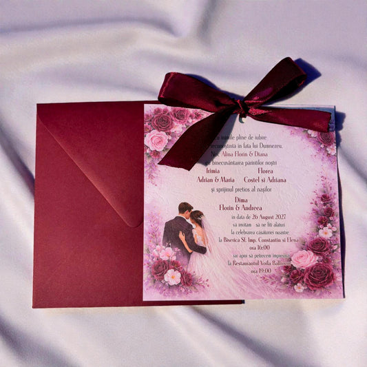 Invitație nuntă florală romantică cu fundă satinată și plic bordo elegant