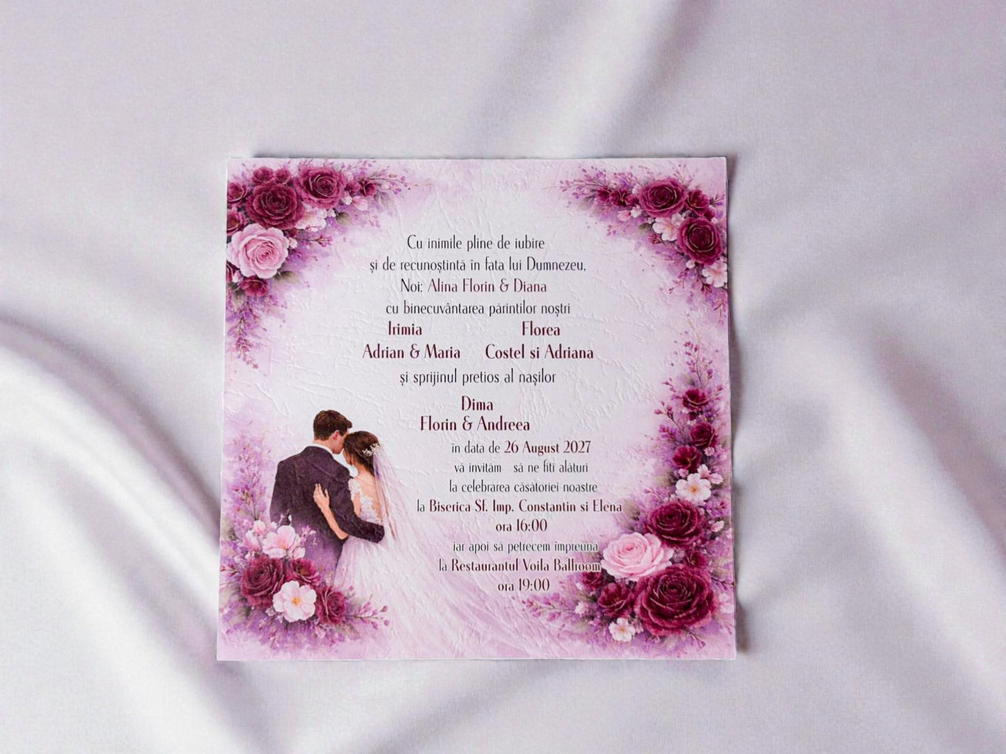 Invitație nuntă florală cu fotografie și plic bordo elegant