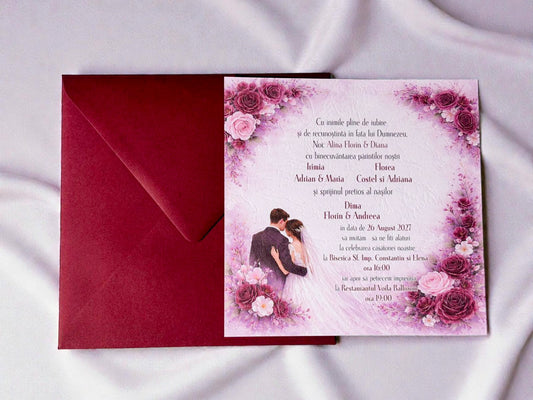Invitație nuntă florală cu fotografie și plic bordo elegant