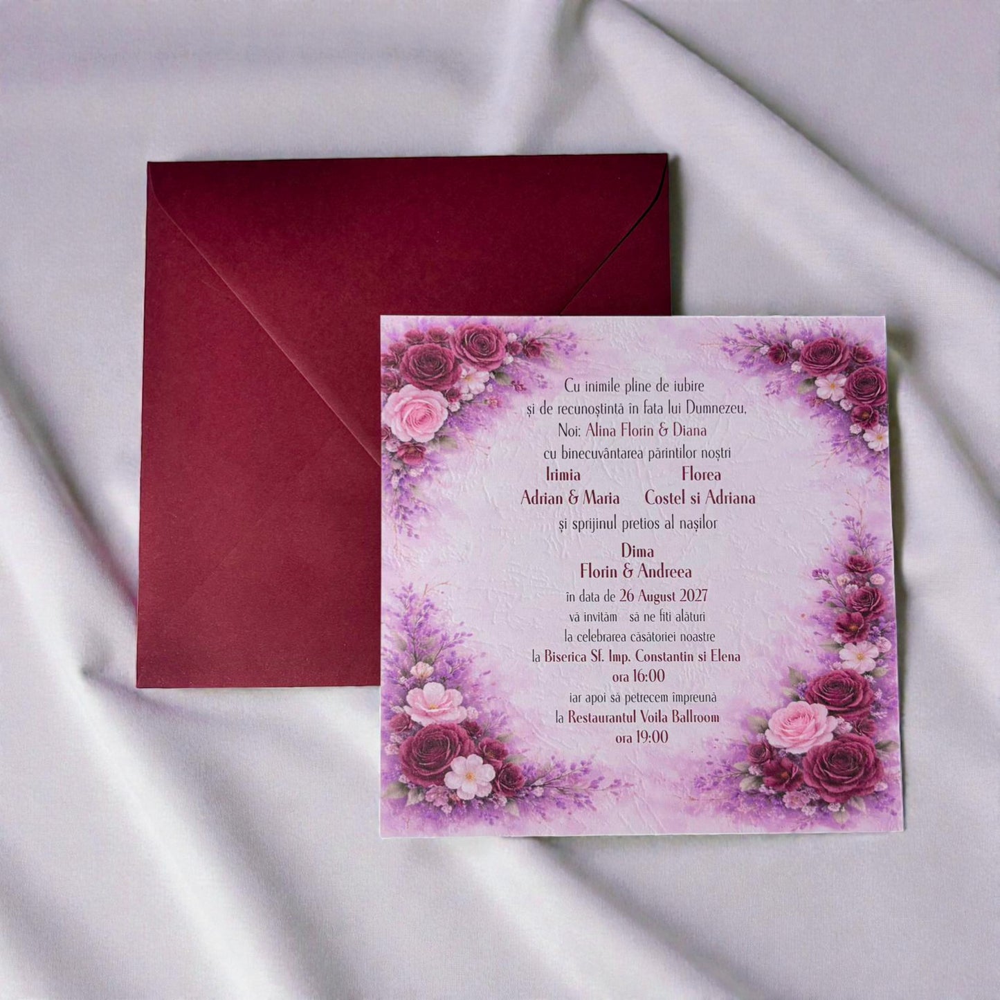 Invitație nuntă florală romantică cu plic bordo elegant