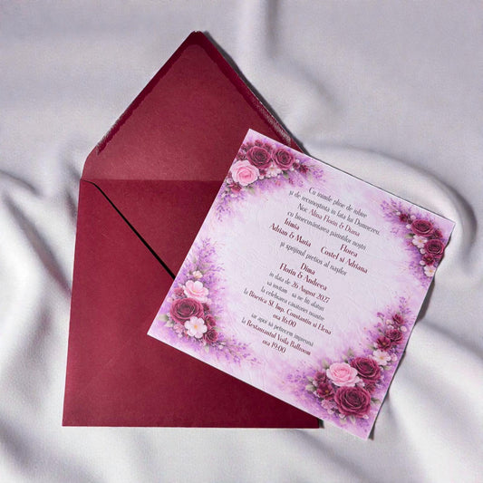 Invitație nuntă florală romantică cu plic bordo elegant