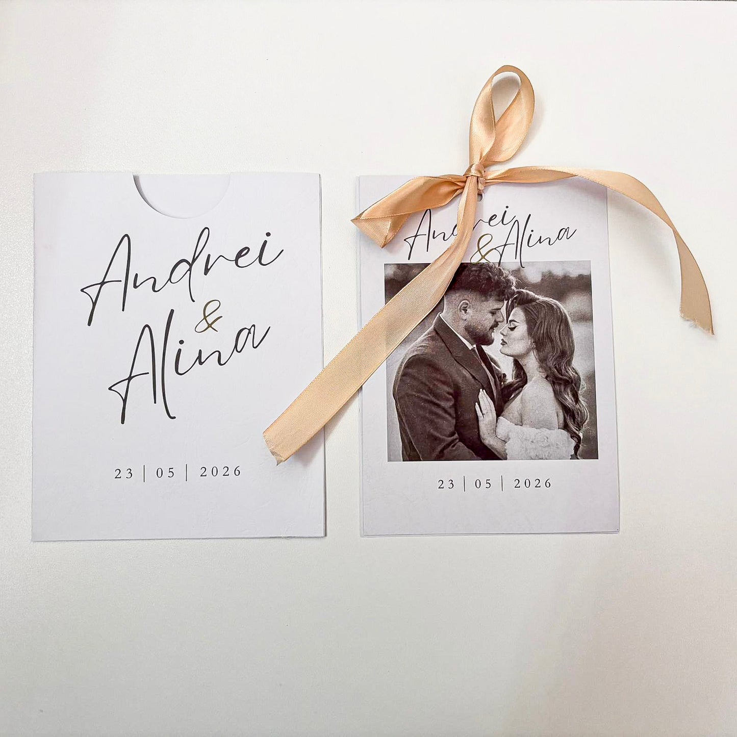 Invitații Handmade Nuntă cu Poză și Fundiță Satinată | Plic Personalizat | Design Elegant