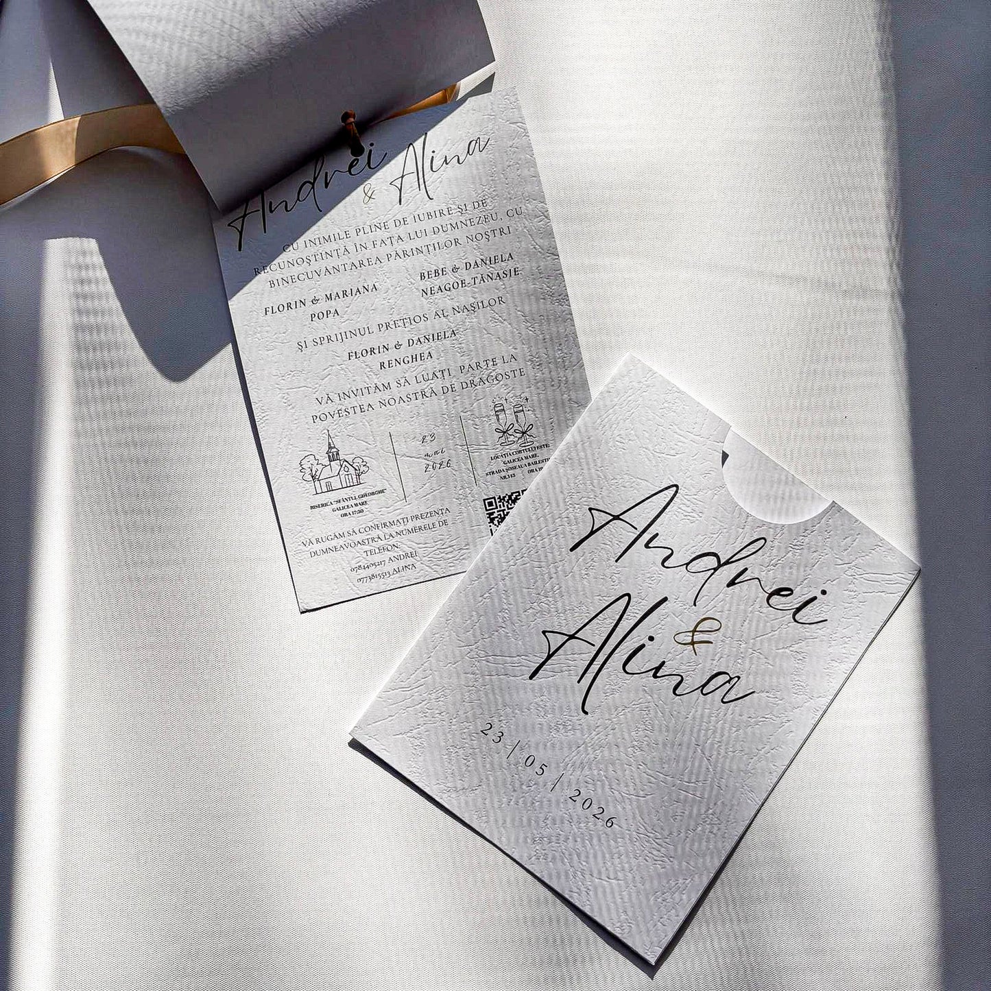 Invitații Handmade Nuntă cu Poză și Fundiță Satinată | Plic Personalizat | Design Elegant