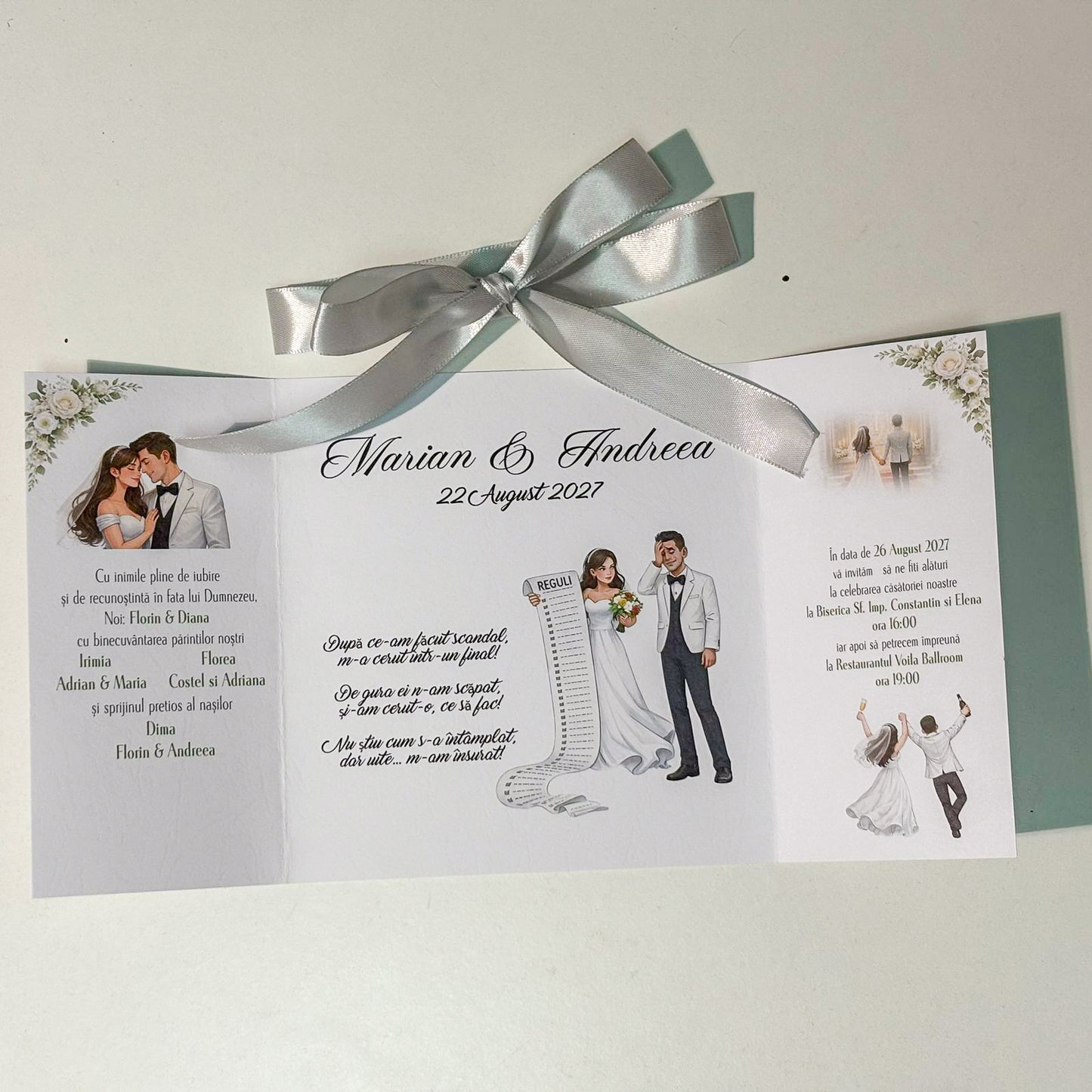 Invitații Nuntă Comice „Lista Miresei” – Design Amuzant cu Reguli de Căsnicie