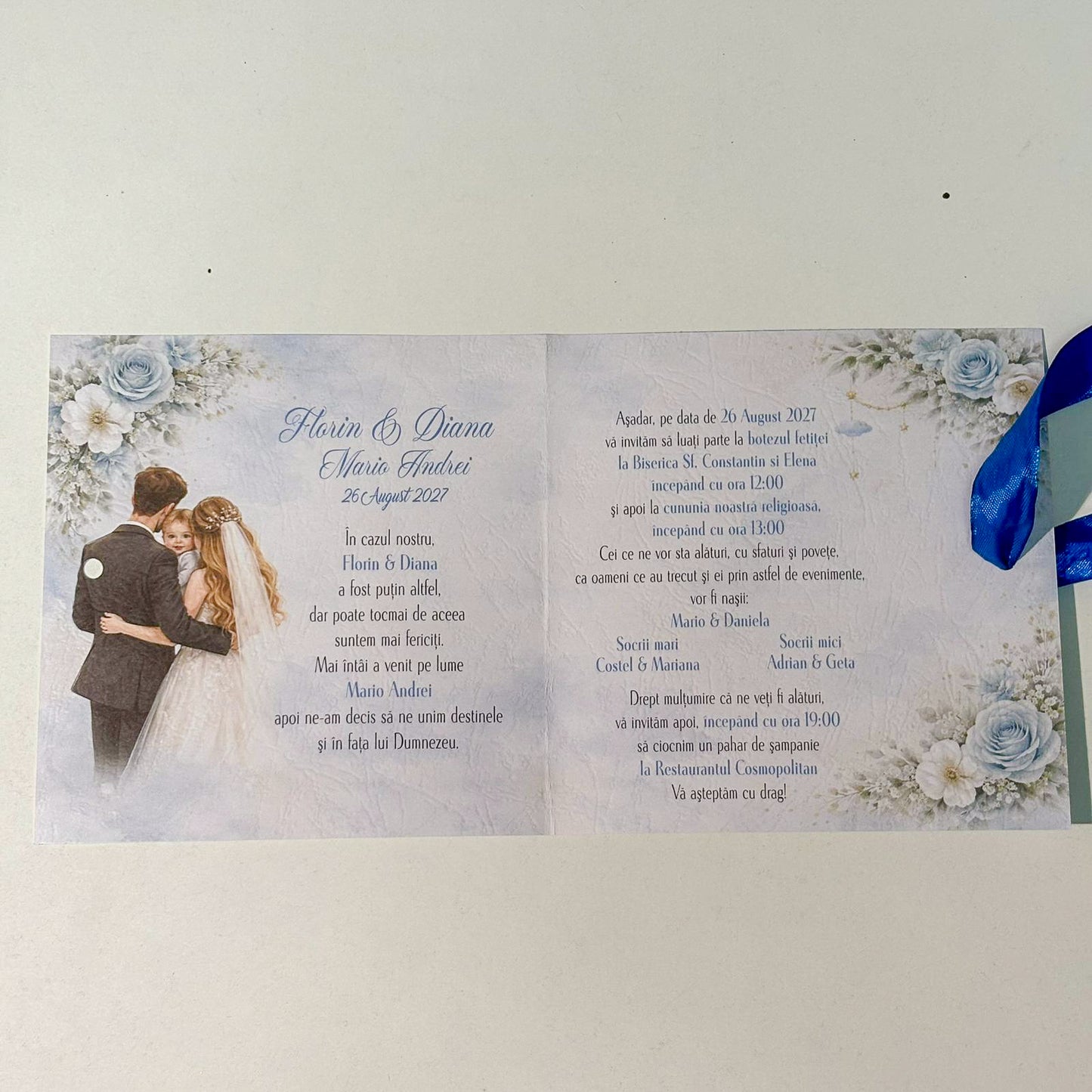 Invitații Nuntă și Botez Tip Carte cu Familie și Flori – Design Elegant Premium