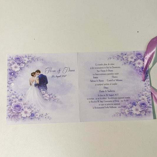 Invitații Nuntă Tip Carte Mov/Lavandă cu Miri și Flori – Design Romantic