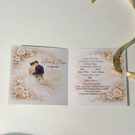 Invitații Nuntă Tip Carte Bej cu Flori Elegante și Miri – Design Clasic Premium