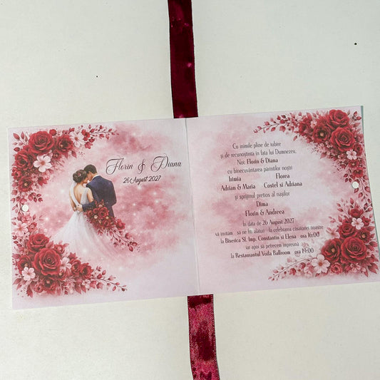 Invitații Nuntă Tip Carte Roșii cu Trandafiri și Miri – Design Romantic Elegant