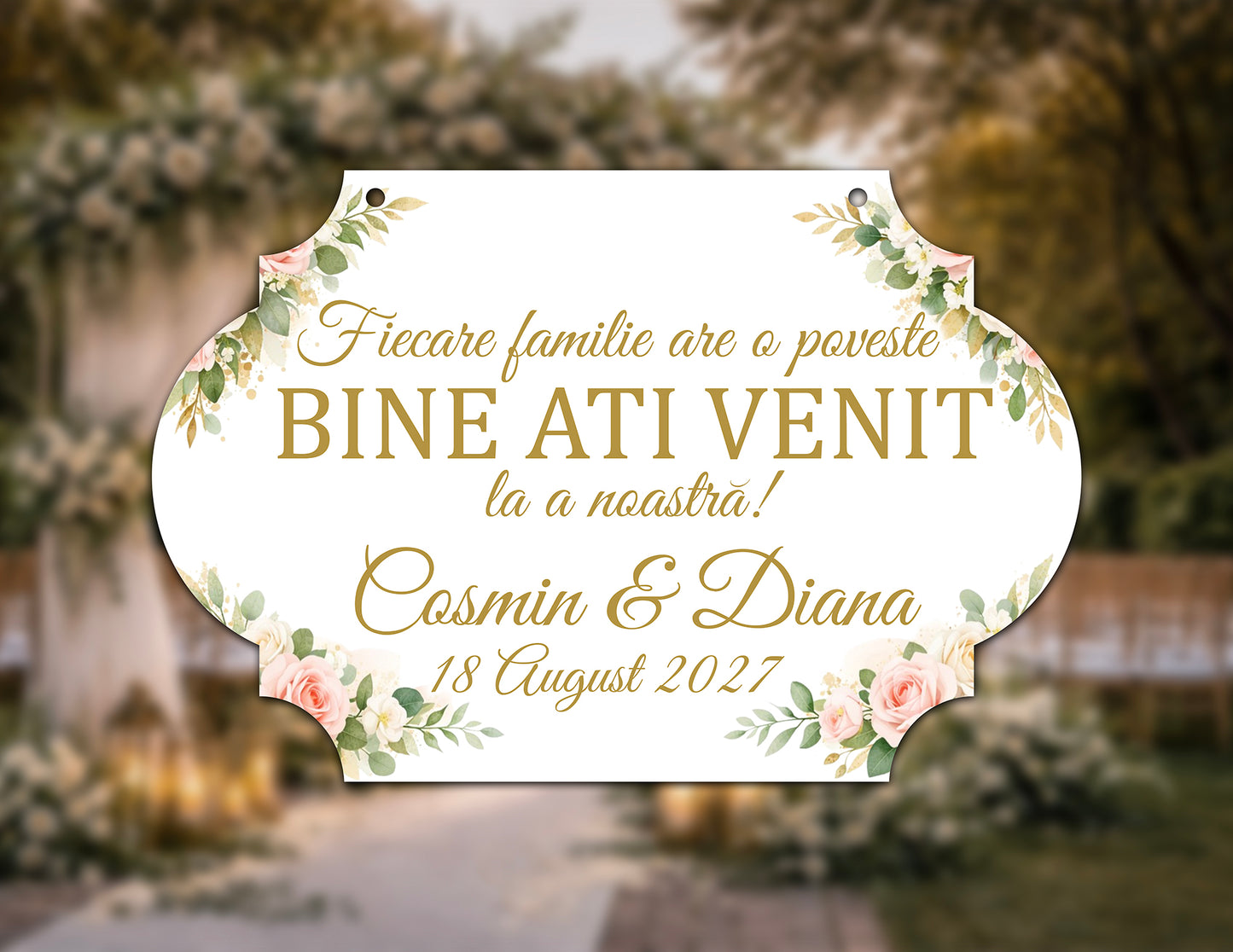 Plăcuță nuntă „Bine ați venit” personalizată – model elegant floral