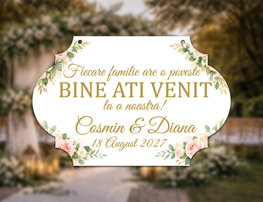 Plăcuță nuntă „Bine ați venit” personalizată – model elegant floral