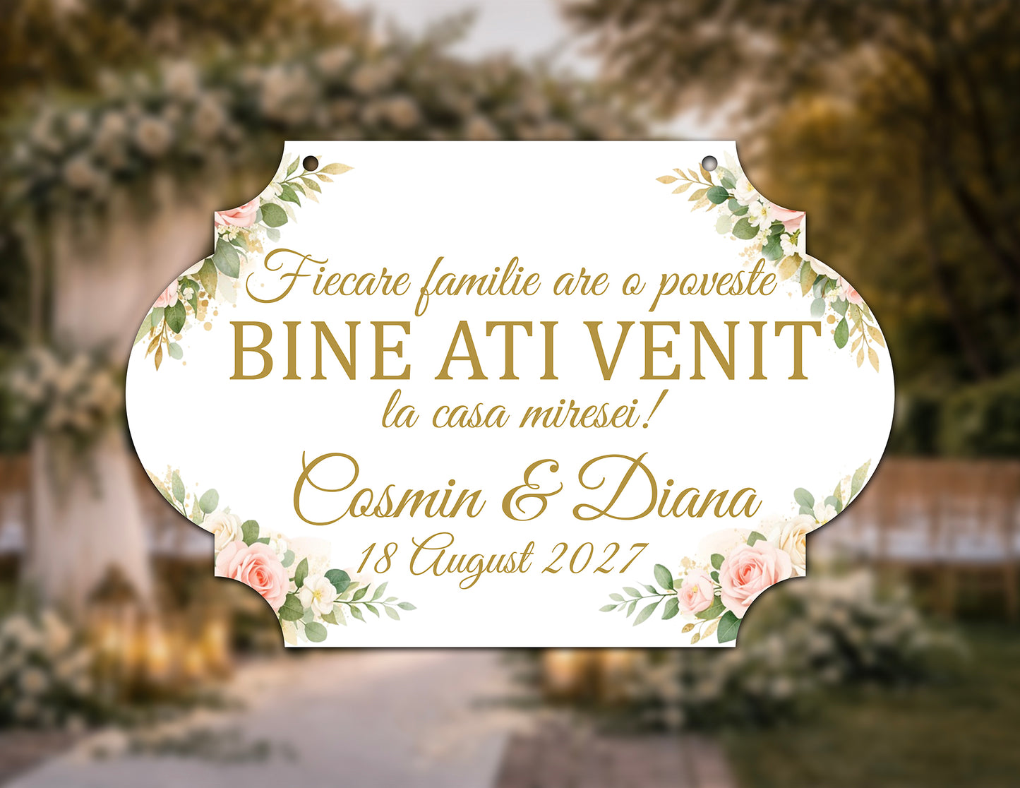 Plăcuță nuntă „Bine ați venit” personalizată – model elegant floral