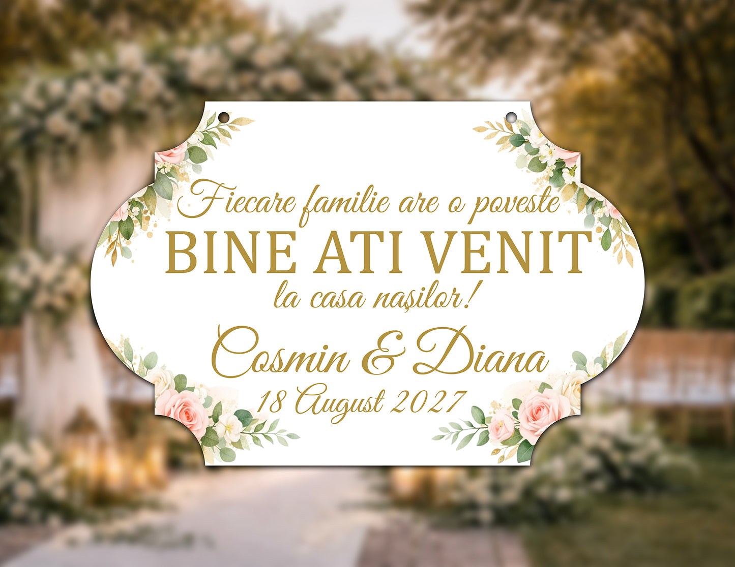 Plăcuță nuntă „Bine ați venit” personalizată – model elegant floral