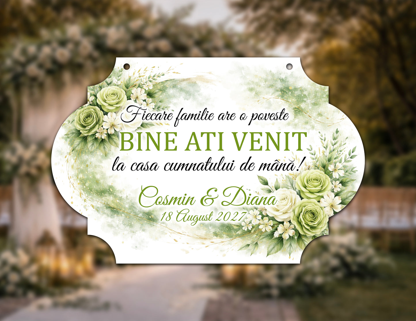 Plăcuță nuntă „Bine ați venit” personalizată – model artistic floral