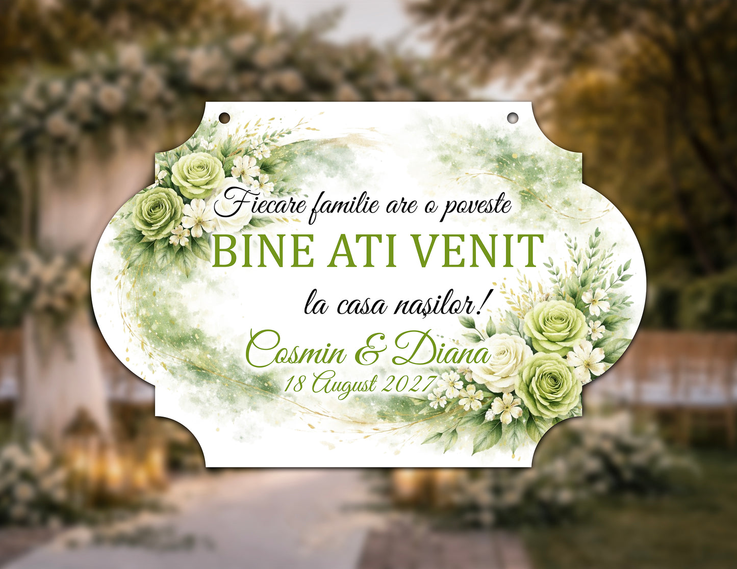 Plăcuță nuntă „Bine ați venit” personalizată – model artistic floral