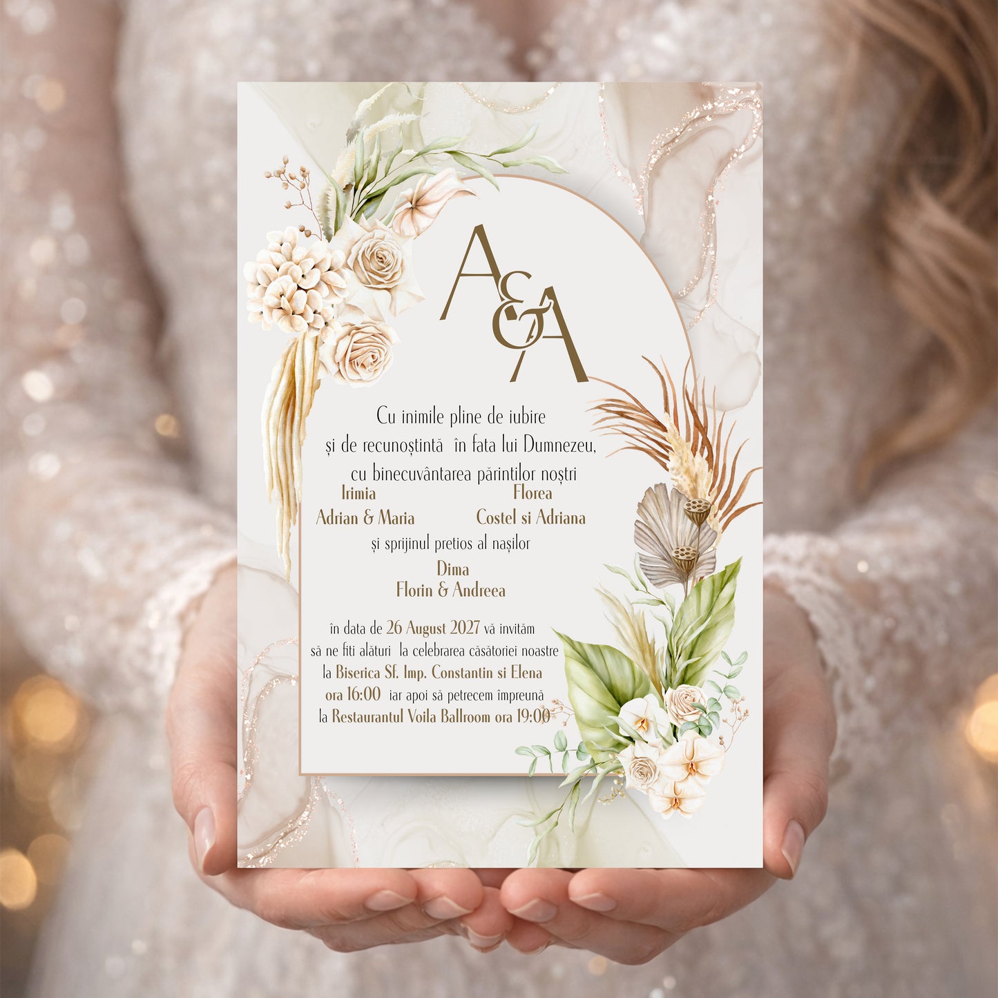 Invitație digitală Nuntă Luxury Florală – Model Elegant Crem și Auriu