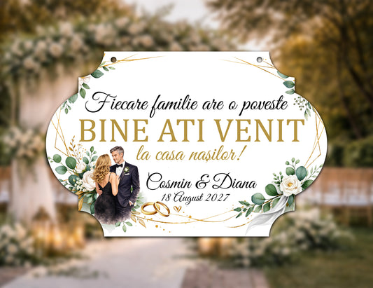 Plăcuță nuntă „Bine ați venit” personalizată – model premium decorativ