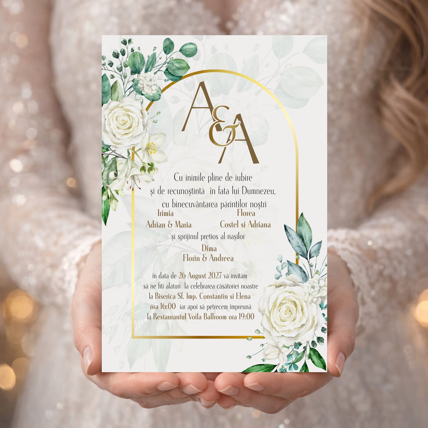 Invitație digitală Nuntă Elegantă cu Flori și Auriu – Stil Luxury Modern