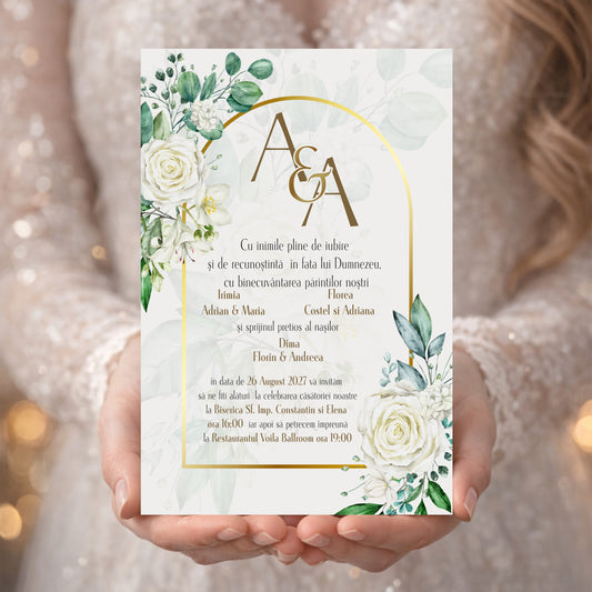 Invitație digitală Nuntă Elegantă cu Flori și Auriu – Stil Luxury Modern