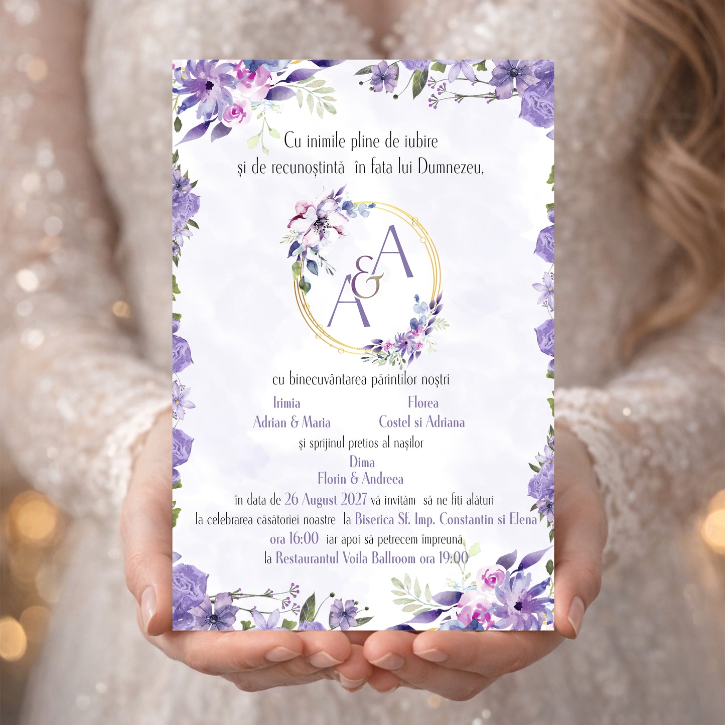 Invitație digitală Nuntă Florală Mov – Model Romantic Elegant