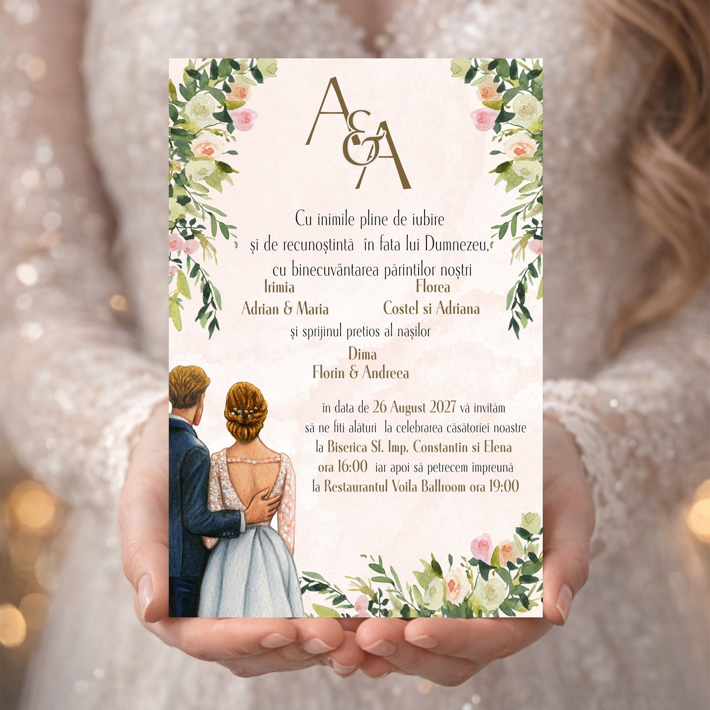 Invitație digitală Nuntă Romantică Florală – Model Elegant cu Ilustrație Cuplu