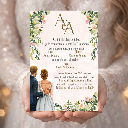 Invitație digitală Nuntă Romantică Florală – Model Elegant cu Ilustrație Cuplu