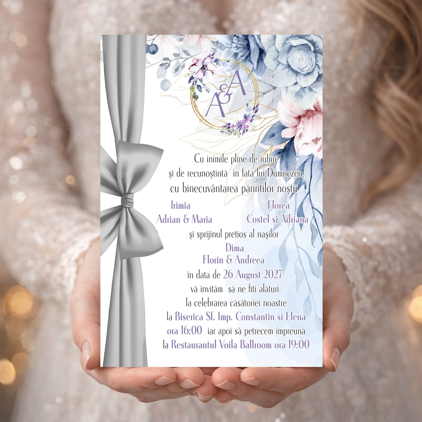 Invitație digitală Nuntă Elegantă cu Fundă Argintie – Model Floral Albastru Romantic